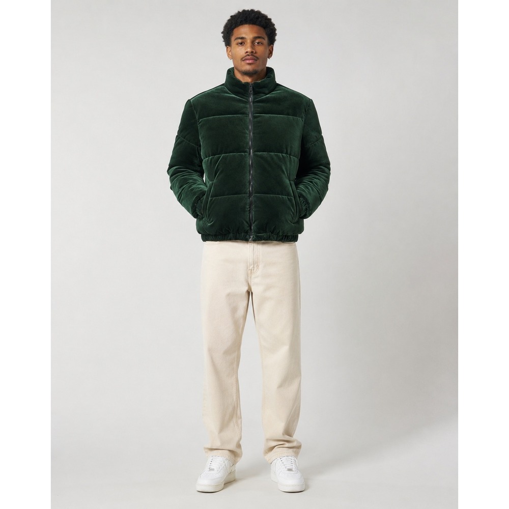 Forever 21 Men Small Green Velvet Puffer Jacket Quilted Full Zip Winter Coat S